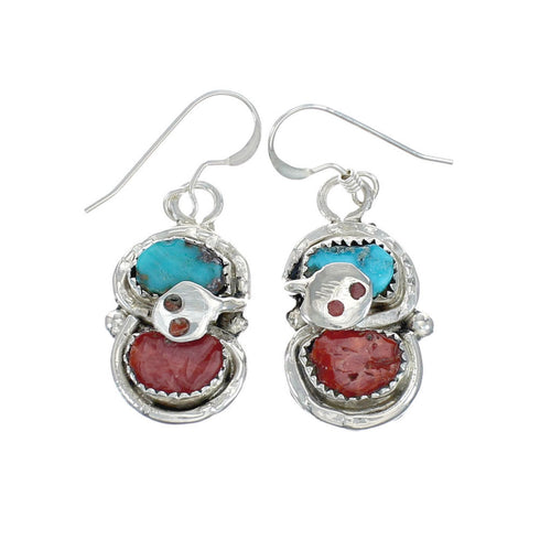 Turquoise Coral Zuni Effie Calavaza Silver Snake Hook Earrings NN20350